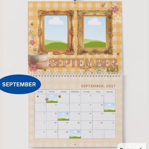May include: A wall calendar for September 2027 featuring a yellow gingham background. The top section displays two ornate gold frames with landscape illustrations, the word SEPTEMBER, and small floral accents. The bottom section shows a grid calendar.