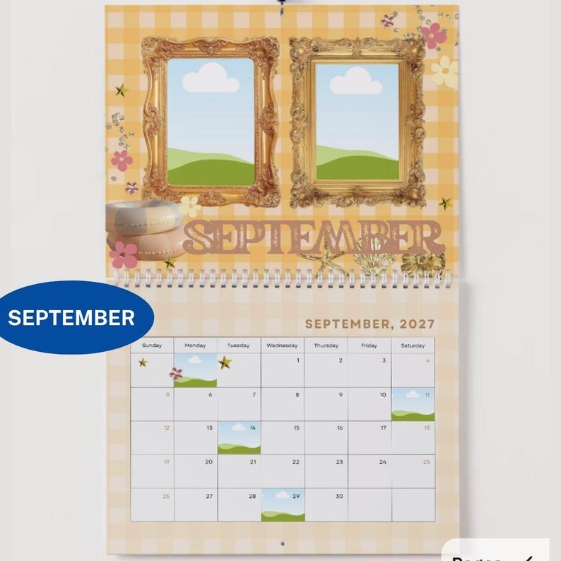 May include: A wall calendar for September 2027 featuring a yellow gingham background. The top section displays two ornate gold frames with landscape illustrations, the word SEPTEMBER, and small floral accents. The bottom section shows a grid calendar.