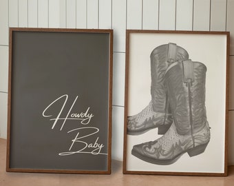 Cowgirl B&W prints set of 2, black and white posters, gallery wall art decor, howdy baby, trendy wall prints, digital cowgirl wall art print