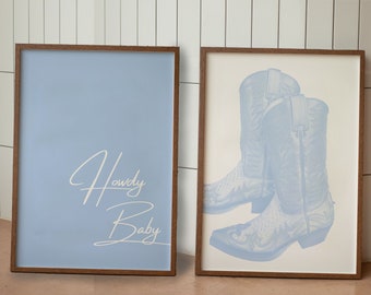 Cowgirl Nursery Prints Set of 2: Blue Western Art, Howdy Baby (Digital Download)