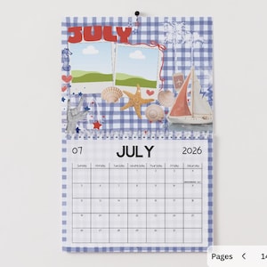 May include: A July 2026 wall calendar with a nautical theme. The top features a blue and white gingham pattern with illustrations of seashells, a starfish, a sailboat, and the word "JULY". The calendar grid is white with black numbers.