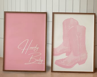 Cowgirl Set of 2 Pink Prints, pink posters, trendy wall art, howdy baby, collage art, cowgirl wall art, coastal cowgirl wall art, trendy art