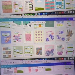 Op de afbeelding: Een digitale interface met een raster van meerdere fotoboeksjabloonpagina's. De lay-outs bevatten diverse kleurrijke grafische ontwerpen, tekstplaatsaanduidingen en afbeeldingskaders met thema's zoals Boat Days, Summer Sun en City Memory Book Template.