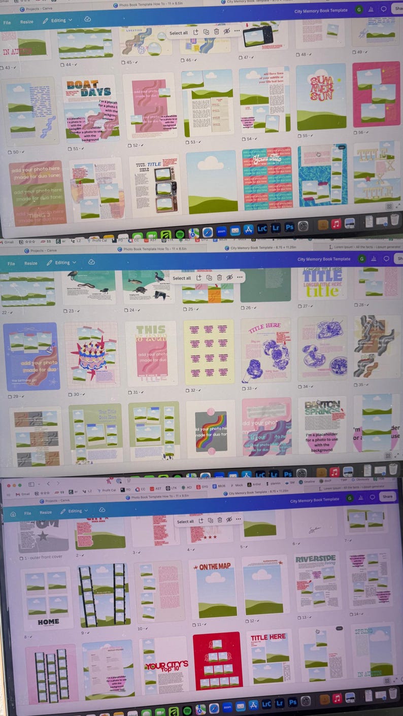 Op de afbeelding: Een digitale interface met een raster van meerdere fotoboeksjabloonpagina's. De lay-outs bevatten diverse kleurrijke grafische ontwerpen, tekstplaatsaanduidingen en afbeeldingskaders met thema's zoals Boat Days, Summer Sun en City Memory Book Template.
