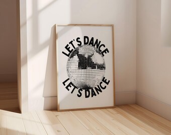 Disco Ball Print: Retro Black and White Typography Art (Digital Download)