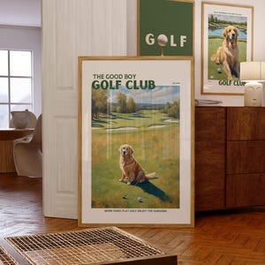 Lámina artística de Golden Retriever Good Boy Golf Club: regalo para amantes de los perros (descarga digital)
