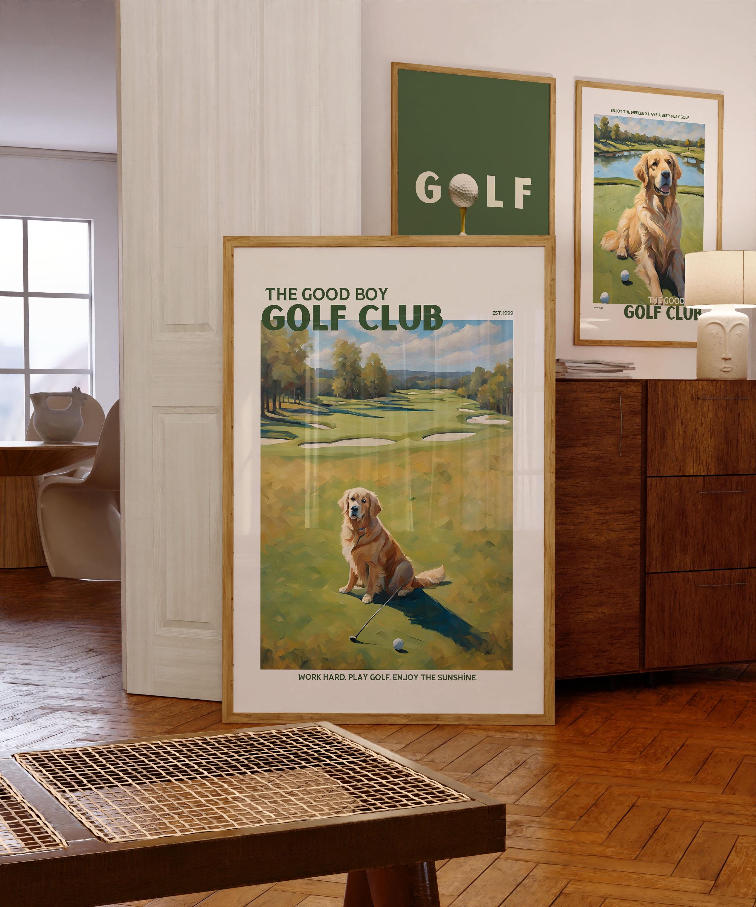 ゴールデンレトリバー グッドボーイ ゴルフクラブ アートプリント：犬