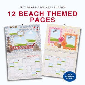 May include: A wall calendar template featuring 12 beach themed pages with placeholders for photos. The text reads JUST DRAG & DROP YOUR PHOTOS!, 12 BEACH THEMED PAGES, DECEMBER, MAY, and USER-FRIENDLY DESIGN. Includes monthly grids for 2027.