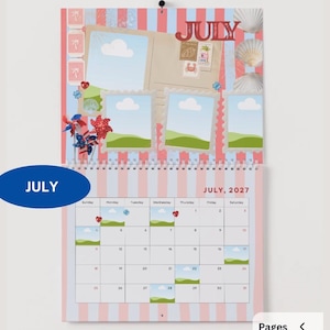 May include: A wall calendar page for July 2027 featuring a pink and white striped background. The top section displays a postcard graphic with three stamp-shaped photo frames, seashell illustrations, and pinwheels. The bottom shows a grid calendar.