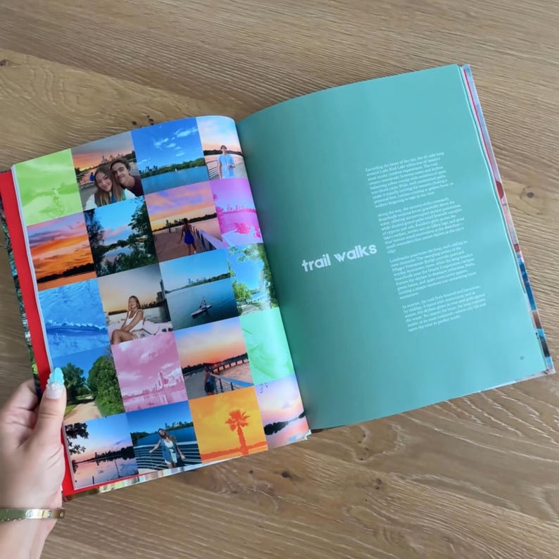 Op de afbeelding: Een open boek met een collage van diverse buiten- en zonsondergangfoto's op de linkerpagina en de tekst "trail walks" in het wit gedrukt op een effen groenblauwe achtergrond op de rechterpagina, met beschrijvende alinea's eronder.