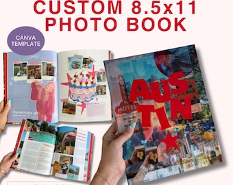 May include: A custom 8.5x11 inch photo book Canva template featuring 115 pages. The layout displays multiple open pages with collages of photographs, text, and graphic elements, including a cover page with the large red text AUSTIN.