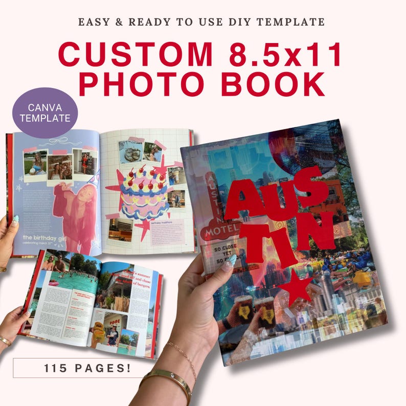Op de afbeelding: Een aangepast 21,6x27,9 cm fotoboek Canva-sjabloon met 115 pagina's. De lay-out toont meerdere open pagina's met collages van foto's, tekst en grafische elementen, inclusief een voorpagina met de grote rode tekst AUSTIN.