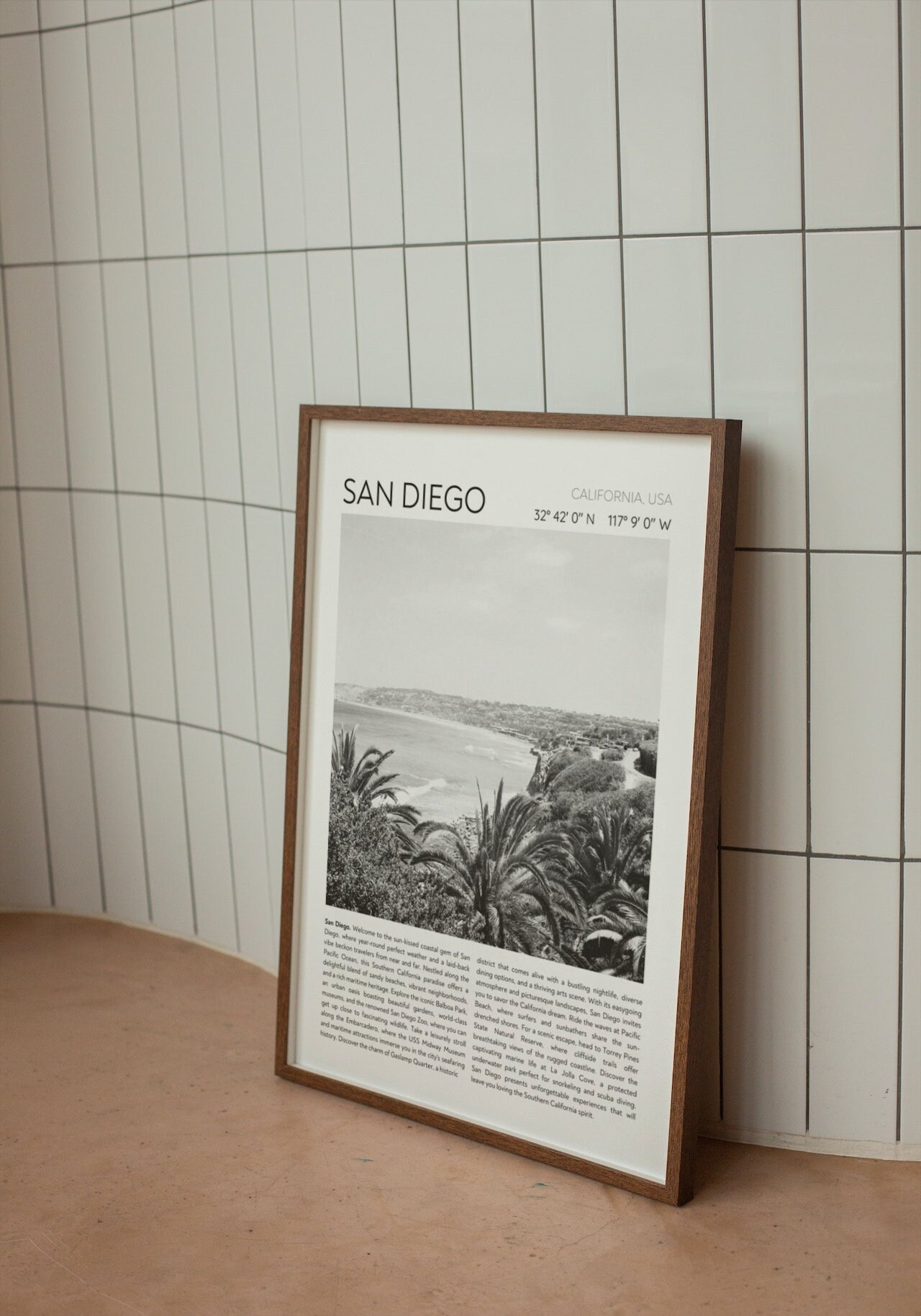 San Diego Black and White Print, Vintage Beach Wall Art, Travel Black