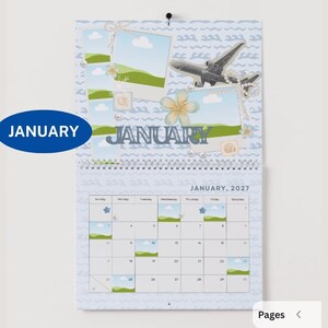 May include: A wall calendar for January 2027 featuring a light blue background with a wave pattern. The top section displays a collage of photo frames, a gray airplane illustration, a plumeria flower, and the word JANUARY in bold blue letters.
