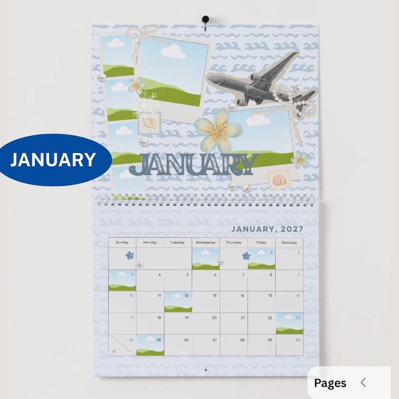 May include: A wall calendar for January 2027 featuring a light blue background with a wave pattern. The top section displays a collage of photo frames, a gray airplane illustration, a plumeria flower, and the word JANUARY in bold blue letters.