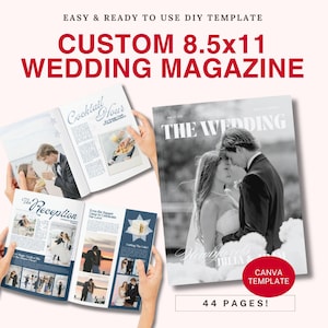 May include: A custom 8.5x11 wedding magazine DIY template featuring 44 pages. The layout includes a cover with a black and white photograph of a couple and interior spreads with text headers like Cocktail Hour and The Reception with photos.