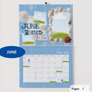May include: A wall calendar for June 2027 with a light blue background featuring palm tree silhouettes. The top section displays a sand dollar, a shell-bordered frame, and text reading JUNE TO BEACH. The bottom section shows a monthly grid.