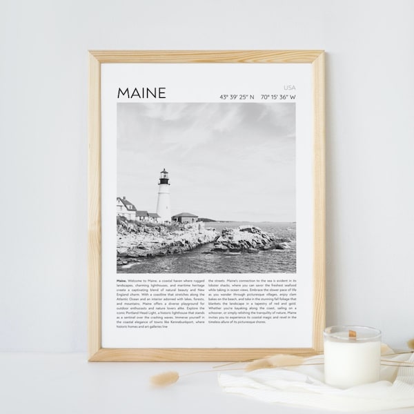 Maine B&W Print, Coastal Travel Wall Art, Black White Poster, New England Gifts, Lighthouse Decor, Monochrome Maine Beauty, Lighthouse Decor