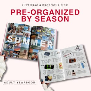 Pu&ograve; includere: Un libro fotografico aperto intitolato Adult Yearbook con un collage di foto di vacanze estive sulla pagina sinistra e un elenco numerato dei dieci migliori articoli tra cui passaporto, anello, fotocamera, bibita e lampada.