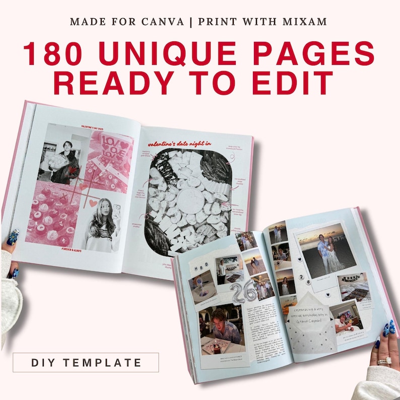 Pu&ograve; includere: Un libro di modelli fai-da-te con 180 pagine uniche pronte per essere modificate. Le pagine aperte mostrano collage di foto, testo ed elementi grafici, tra cui un layout per una serata di San Valentino e una pagina per il 26&deg; compleanno.