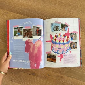 Op de afbeelding: Een plakboekpagina met een roze getinte foto van een persoon, meerdere kleinere foto's, een handgetekende illustratie van een verjaardagstaart met kersen en tekst, waaronder the birthday girl celebrating march 27 en birthday traditions.