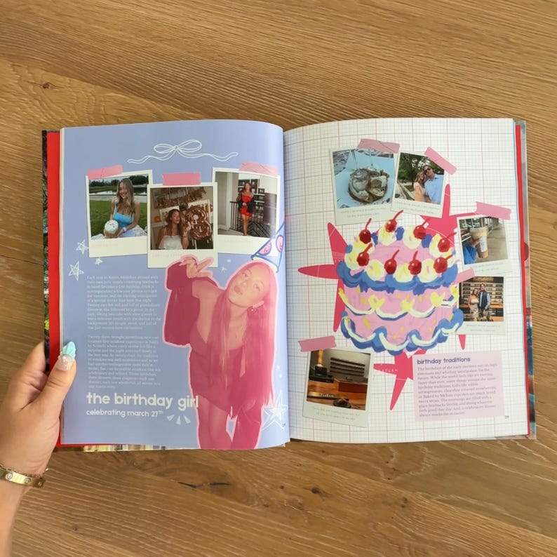 Op de afbeelding: Een plakboekpagina met een roze getinte foto van een persoon, meerdere kleinere foto's, een handgetekende illustratie van een verjaardagstaart met kersen en tekst, waaronder the birthday girl celebrating march 27 en birthday traditions.