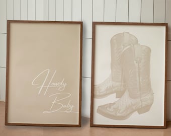Cowgirl Prints Set: Beige Cowboy Boot Art, Howdy Baby Decor (Digital Download)