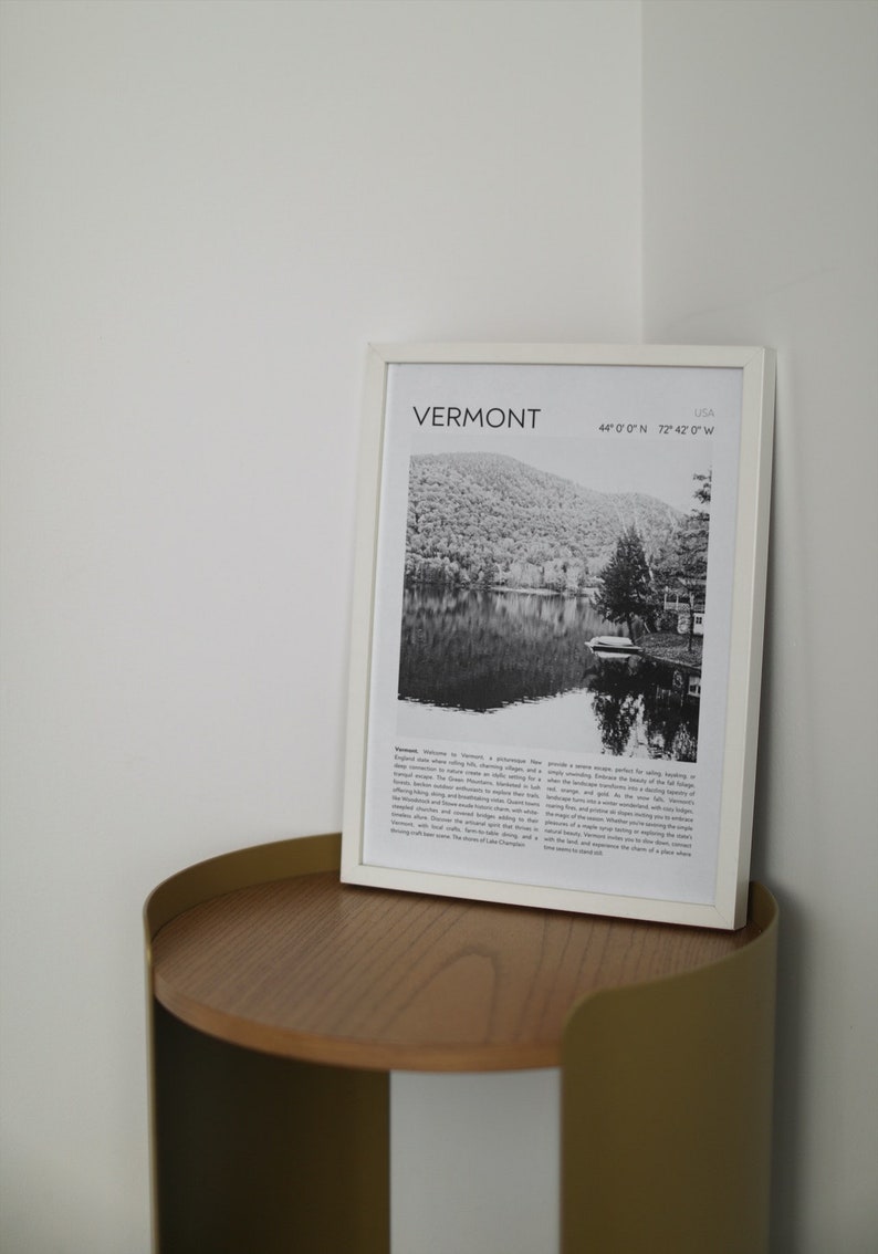 Vermont B&W Print Vintage Travel Wall Art Black White Etsy