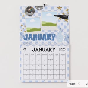 May include: A wall calendar for January 2026, featuring a blue and white checkered pattern. The calendar has decorative elements like a disco ball, stars, and a snowman. The word "JANUARY" is prominently displayed, with a calendar grid below.