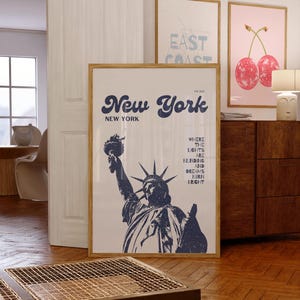 New York City Travel Poster – Retro Navy & White Wall Art Print with Statue of Liberty Sketch, NYC Quote Print, Digital Download City Poster