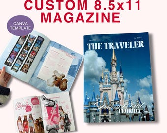 Op de afbeelding: Een aanpasbaar 21,6x27,9 cm Canva-tijdschriften-sjabloon met een voorpagina getiteld THE TRAVELER met een kasteelafbeelding, en open pagina's met fotostrips, tekst en afbeeldingen van Disney World Florida en reiselementen.