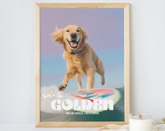 Golden Retriever Surfing Art Print: Retro Coastal Wall Decor (Digital Download)