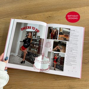 Pu&ograve; includere: Un libro fotografico aperto con pagine bianche che mostra diverse fotografie di una persona con un vestito rosso e una giacca nera. Il testo "CHEERS TO 24!" &egrave; stampato in rosso sulla pagina sinistra, accanto a un disegno al tratto rosso di una torta.
