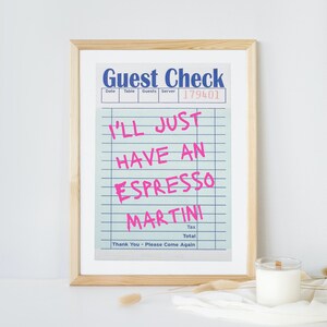 Espresso martini print, Guest Check Print, bar cart print, trendy posters, trendy girly dorm decor, guest check poster, guest check wall art