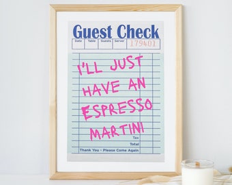 Stampa Espresso Martini, stampa Guest Check, stampa carrello bar, poster alla moda, arredamento trendy per dormitori femminili, poster Guest Check, arte murale Guest Check