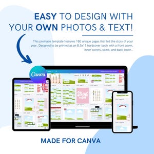 Pu&ograve; includere: Un modello digitale per un libro con copertina rigida di 180 pagine da 21,6x27,9 cm, compatibile con Canva. Lo schermo mostra un portatile, un tablet e uno smartphone con layout di pagina che presentano paesaggi verdi, testo e grafiche. Testo: EASY TO DESIGN WITH YOUR OWN PHOTOS & TEXT! MADE FOR CANVA.