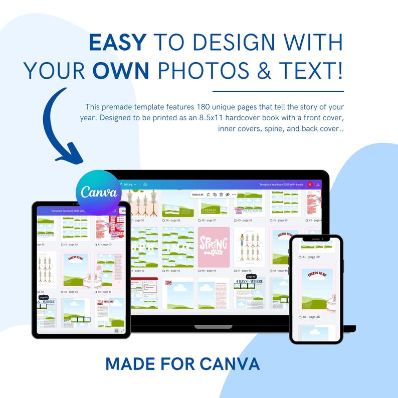 Pu&ograve; includere: Un modello digitale per un libro con copertina rigida di 180 pagine da 21,6x27,9 cm, compatibile con Canva. Lo schermo mostra un portatile, un tablet e uno smartphone con layout di pagina che presentano paesaggi verdi, testo e grafiche. Testo: EASY TO DESIGN WITH YOUR OWN PHOTOS & TEXT! MADE FOR CANVA.