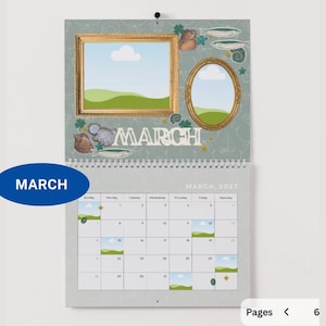May include: A March 2027 wall calendar featuring a sage green background with illustrations of seashells and fish. The top section displays two gold frames and the text MARCH. The bottom section shows a grid calendar with small landscape icons.