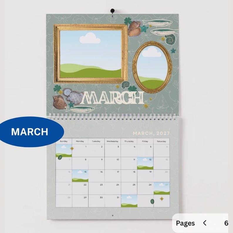 May include: A March 2027 wall calendar featuring a sage green background with illustrations of seashells and fish. The top section displays two gold frames and the text MARCH. The bottom section shows a grid calendar with small landscape icons.