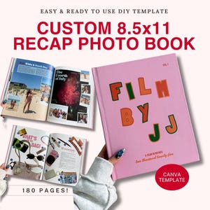 May include: A custom 8.5x11 inch recap photo book Canva template featuring a pink cover with the text FILM BY JJ VOL 1 and A YEAR IN REVIEW two thousand twenty five. The set includes open book pages displaying photo collages and text layouts.
