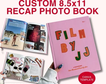 Op de afbeelding: Een aanpasbare 8,5x11 inch fotoboek-sjabloon met een roze kaft met de tekst FILM BY JJ VOL 1 en A YEAR IN REVIEW two thousand twenty five. De set bevat opengeslagen pagina's met fotocollages en tekstindelingen voor een overzichtelijk album.
