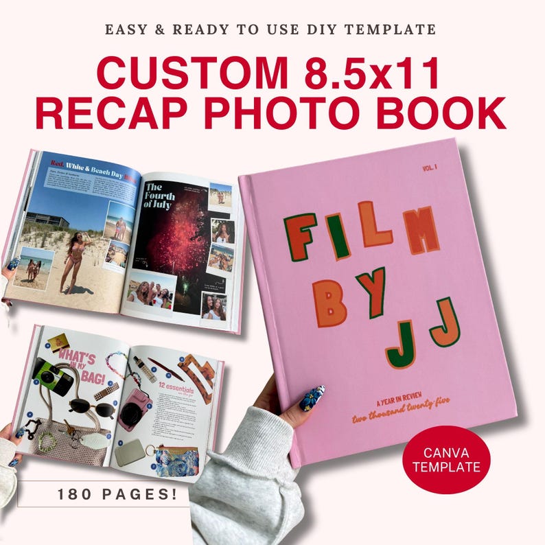 Pu&ograve; includere: Un modello di fotolibro personalizzabile da 8,5x11 pollici con copertina rosa che riporta il testo FILM BY JJ VOL 1 e A YEAR IN REVIEW two thousand twenty five. Il set include pagine aperte che mostrano collage di foto e layout di testo.