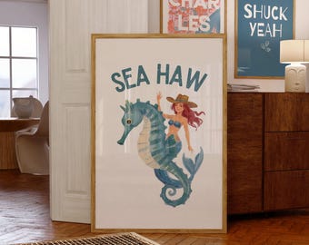 Mermaid Cowgirl Art Print – Sea Haw Seahorse Rider (Digital Download)