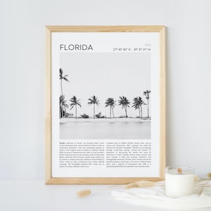 Impression numérique noir et blanc de Floride, art mural vintage, affiche de voyage noir blanc, impression de palmiers, décoration côtière, affiches de l'État de Floride