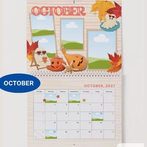 May include: A wall calendar page for October 2027 featuring a seasonal theme with illustrations of ghosts, pumpkins, autumn leaves, and a starfish. The top section includes three blank photo frames, while the bottom displays a grid calendar for the month.