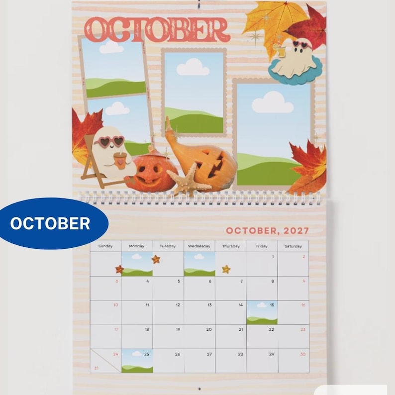 May include: A wall calendar page for October 2027 featuring a seasonal theme with illustrations of ghosts, pumpkins, autumn leaves, and a starfish. The top section includes three blank photo frames, while the bottom displays a grid calendar for the month.