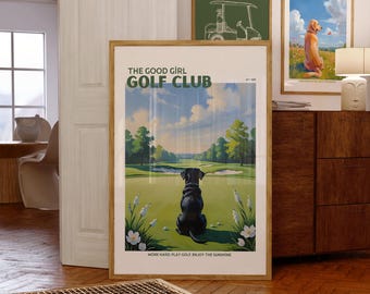 Impresión artística de golf de labrador negro: regalo para amantes de los perros (descarga digital)