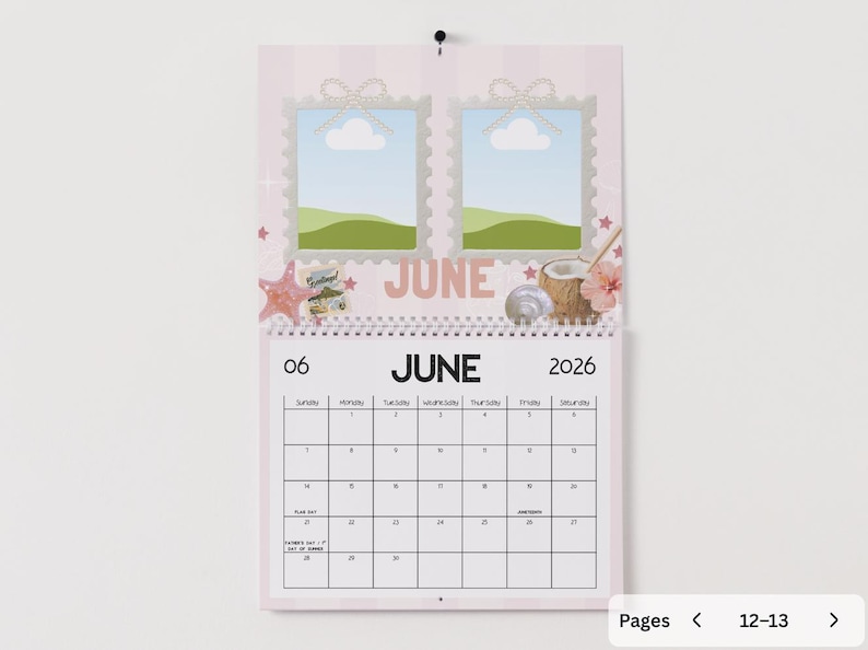 May include: A pink and white striped wall calendar for June 2026. The calendar features two framed images with clouds and green hills, along with decorative starfish, a coconut, and a flower. The word "JUNE" is displayed prominently.