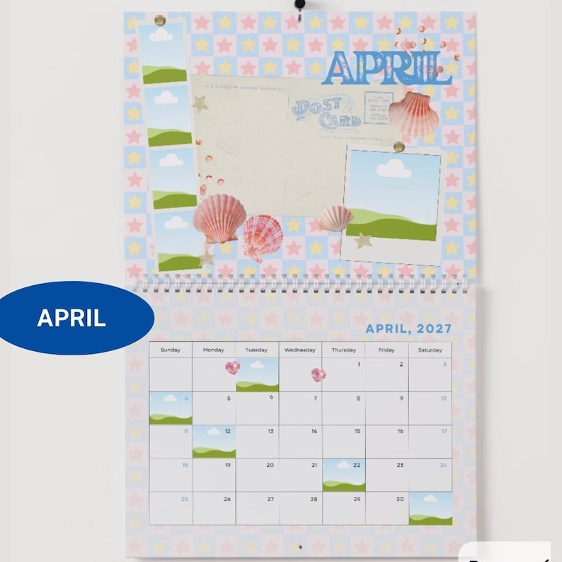 May include: A wall calendar for April 2027 featuring a light blue and yellow star-patterned background. The top section displays the word APRIL, a postcard graphic, seashell illustrations, and a photo frame. The bottom section shows a monthly grid.