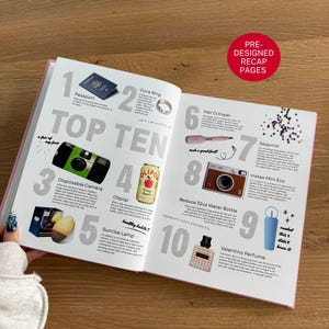 Pu&ograve; includere: Un libro aperto intitolato TOP TEN con elenchi numerati di oggetti tra cui un passaporto blu, un anello Oura, una fotocamera usa e getta verde, una bibita Olipop Crisp Apple, una lampada alba, una piastra per capelli rosa, paillettes, una fotocamera Instax Mini Evo, una borraccia da 946 ml e un profumo Valentino.